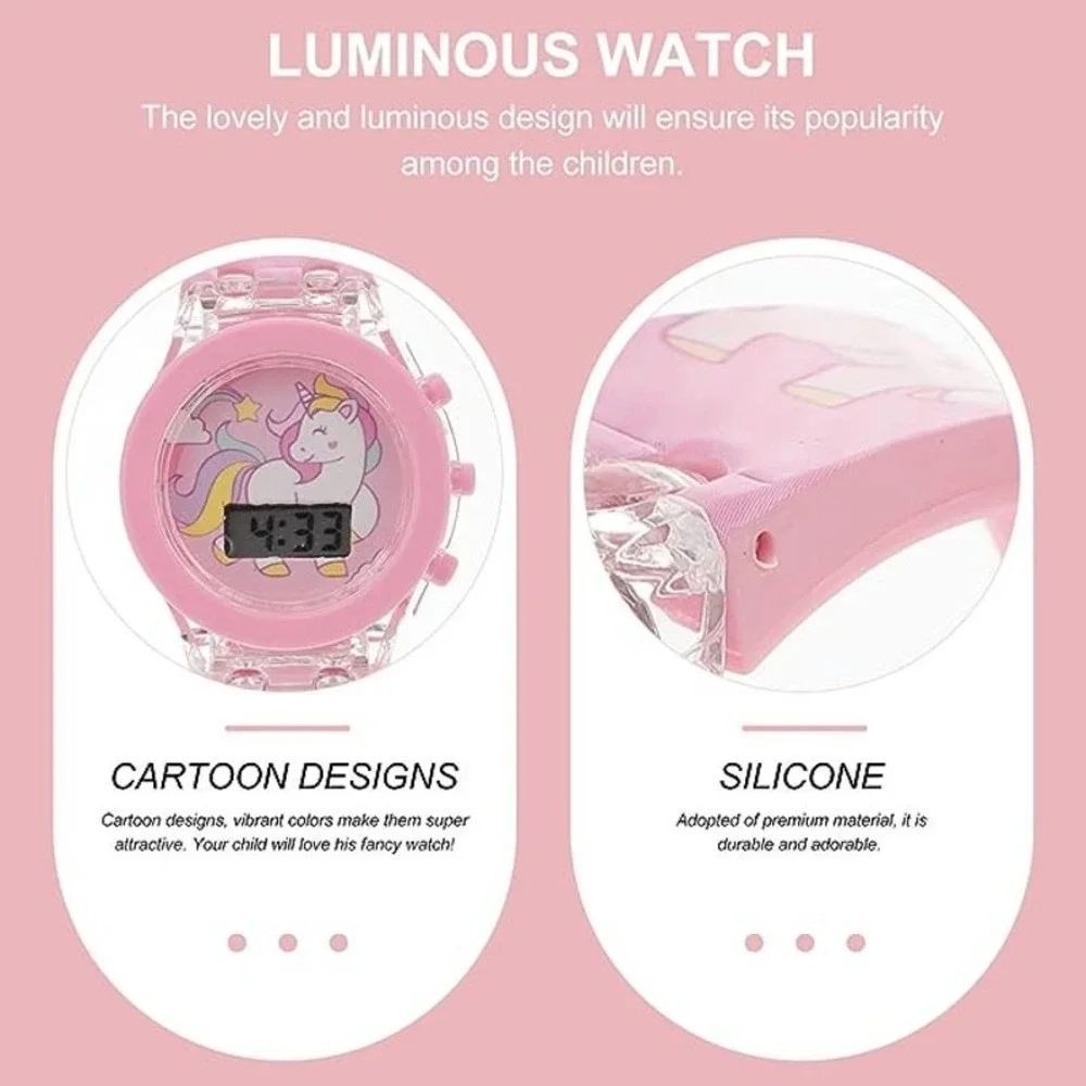 Watch Girls Unicorn‎  Pink 3D Glow Silicone Watch and Rainbow Beads